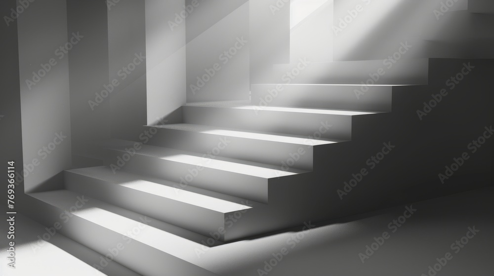 Fototapeta premium A white staircase with light filtering through it, creating abstract geometric shadows and a soft, subtle texture, background, wallpaper