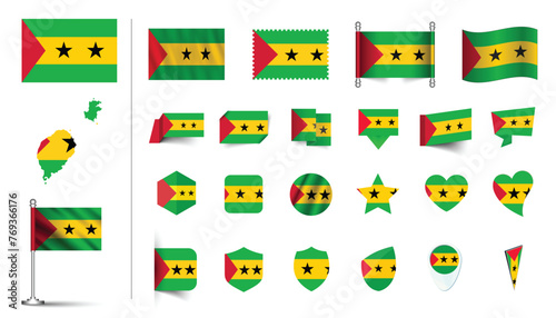 set of Sao Tome and Principe flag, flat Icon set vector illustration. collection of national symbols on various objects and state signs. flag button, waving, 3d rendering symbols