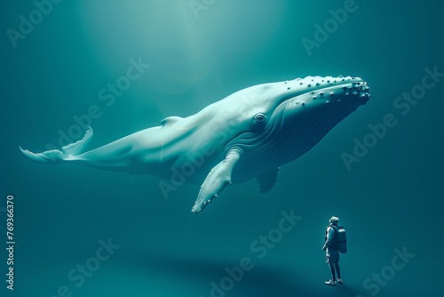 A man is standing in front of a whale in the ocean