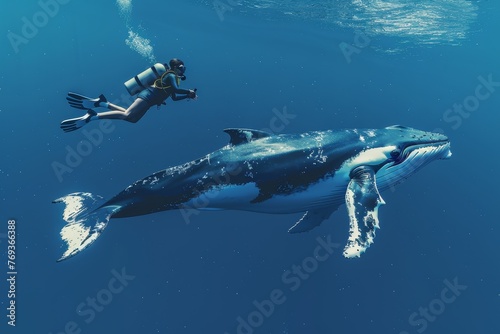 A man in a scuba suit is swimming with a whale