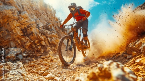A man in action, riding a mountain bike on a rocky trail, navigating obstacles and enjoying the rugged terrain. photo