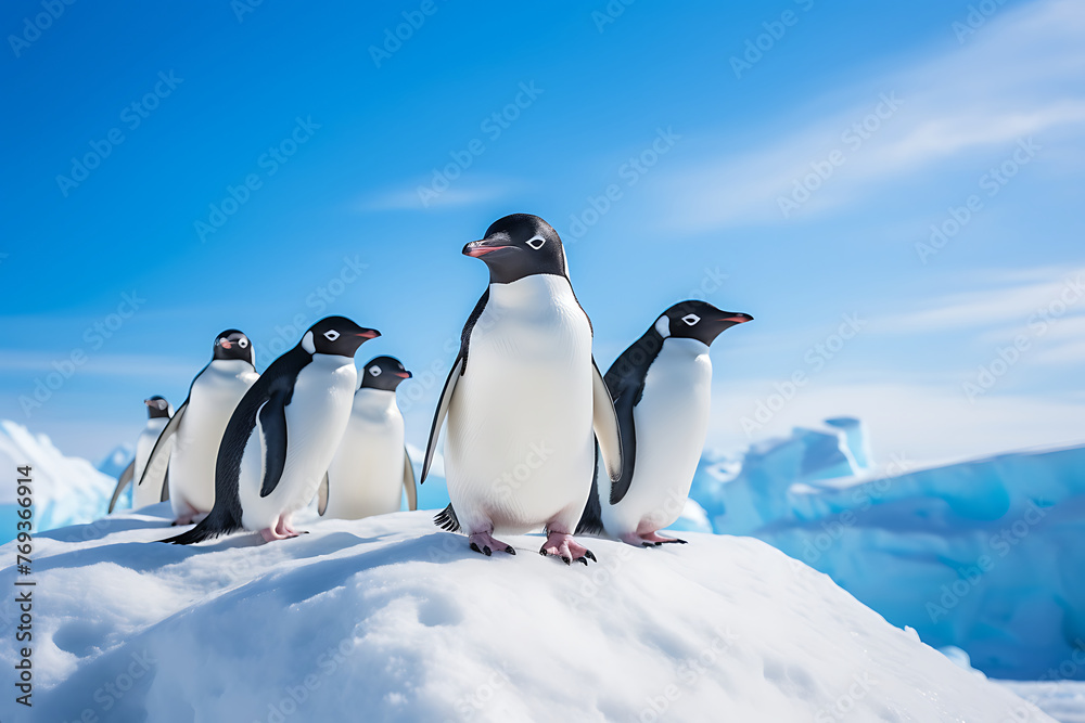 Fototapeta premium A group of penguins walking on a snowy Antarctic glacier under a clear blue sky