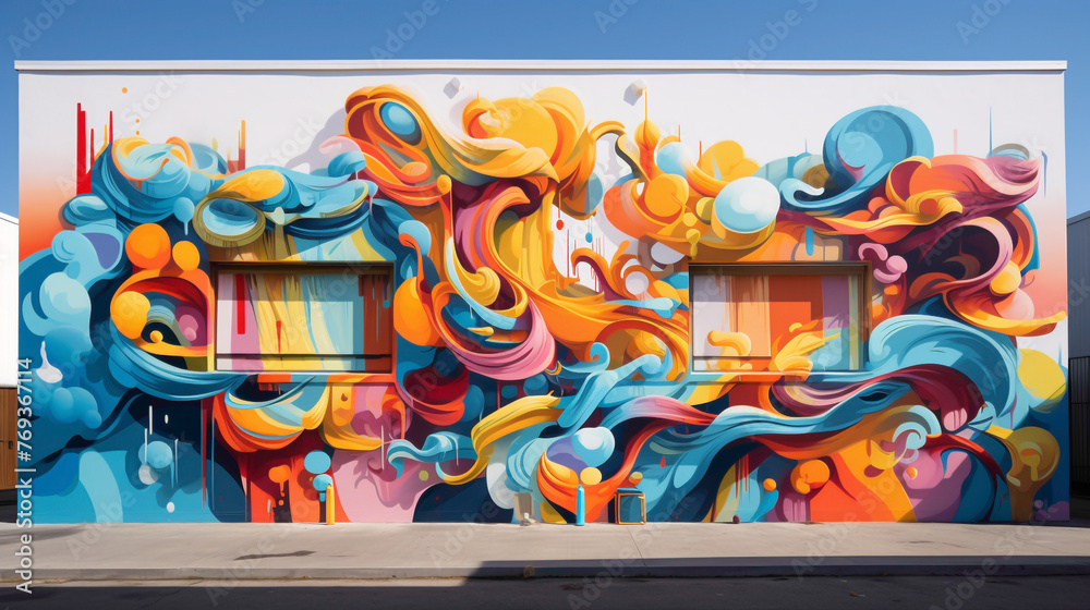 Naklejka premium A cacophony of colors and shapes come alive in a street art mural, where graffiti-style lettering and abstract forms collide to create a visually stunning masterpiece.