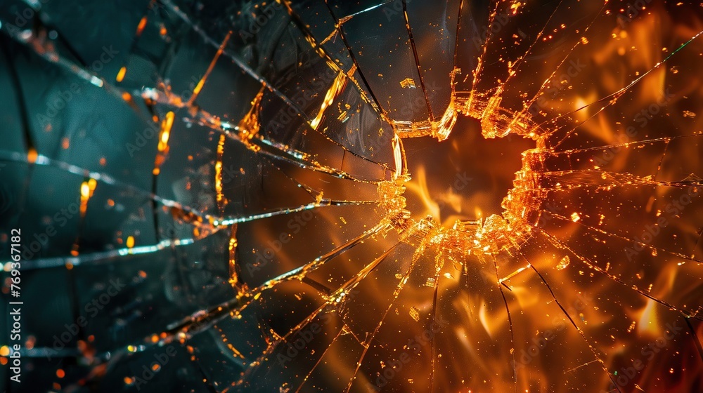 Mirror fracture, fire explosion within, shards scatter, fierce blaze, explosive force Mirror fracture, fire explosion within, shards scatter, fierce blaze, explosive force