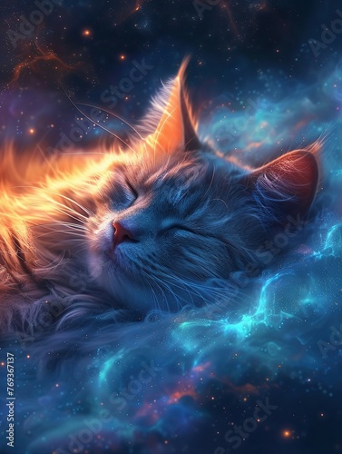Dreaming Cat Immersed in the Cosmic Space Among Stars and Galaxy Whispering Lullabies © Katawut
