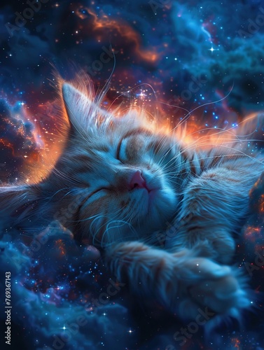Dreaming Cat Immersed in the Cosmic Space Among Stars and Galaxy Whispering Lullabies