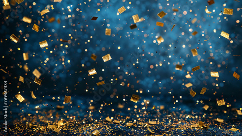 A blue background with gold confetti falling from the sky. The confetti is scattered all over the background, creating a festive and celebratory atmosphere