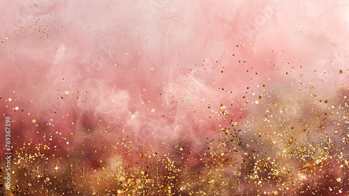 A pink background with gold glitter and smoke. The smoke is coming from a fire and the glitter is scattered all over the background. Scene is dreamy and ethereal
