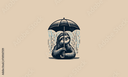 sloth with umbrella rain vector logo design