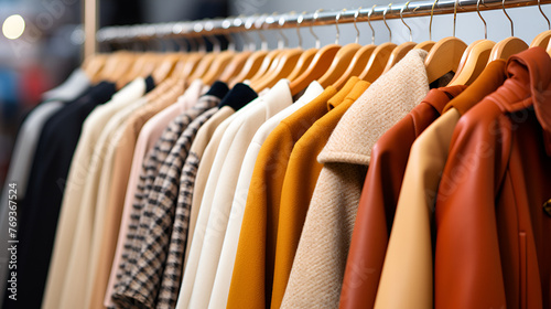 collection of clothes in modern boutique clothes hanging on rack in fashion store with blurry background