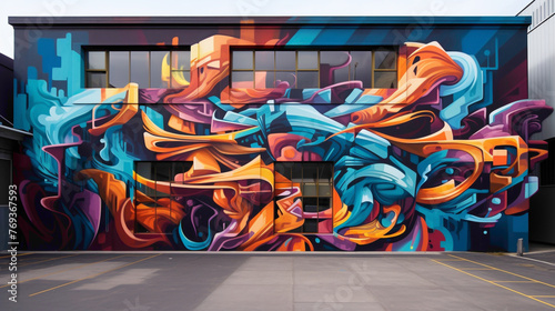 A kaleidoscope of hues and shapes converge in a street art mural, where graffiti-style lettering commands attention amidst the dynamic abstract elements, breathing life into the city walls. photo