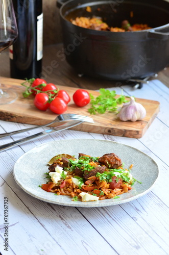 Wallpaper Mural rice with meat and vegetables in a frying pan on a wooden background Torontodigital.ca