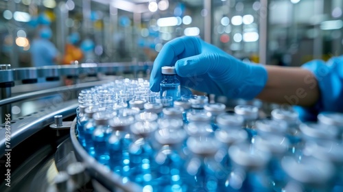 Hands of staff check Medical vials on production line at pharmaceutical factory