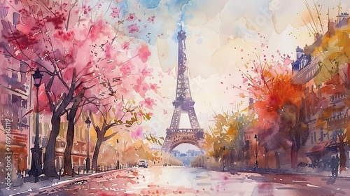 Fototapeta Naklejka Na Ścianę i Meble -  Springtime in Paris, watercolor romance