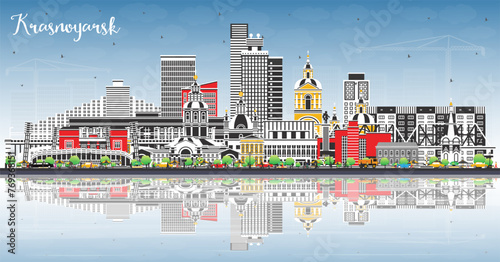 Krasnoyarsk Russia city skyline with color buildings, blue sky and reflections. Krasnoyarsk cityscape with landmarks. Tourism concept with modern and historic architecture.