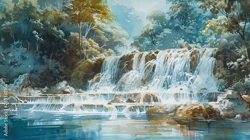 Spring waterfall  tranquil watercolor