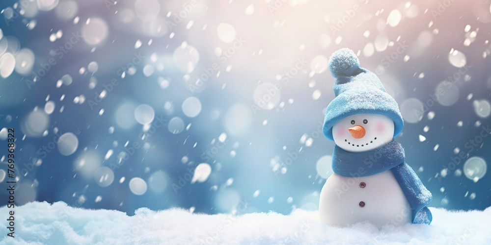 A smiling snowman on a snowy white blue background, a New Year and Christmas illustration, a banner with an empty copy space for text