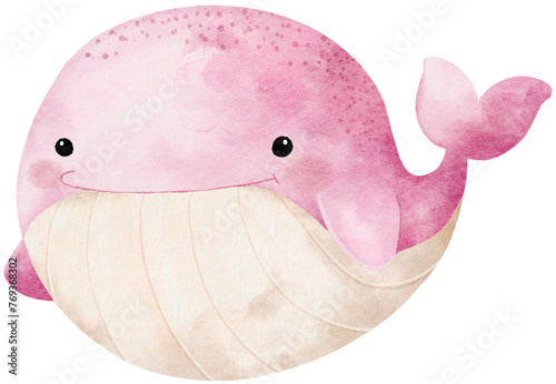 Photography Watercolor hand drawn illustration of Whale in pink color