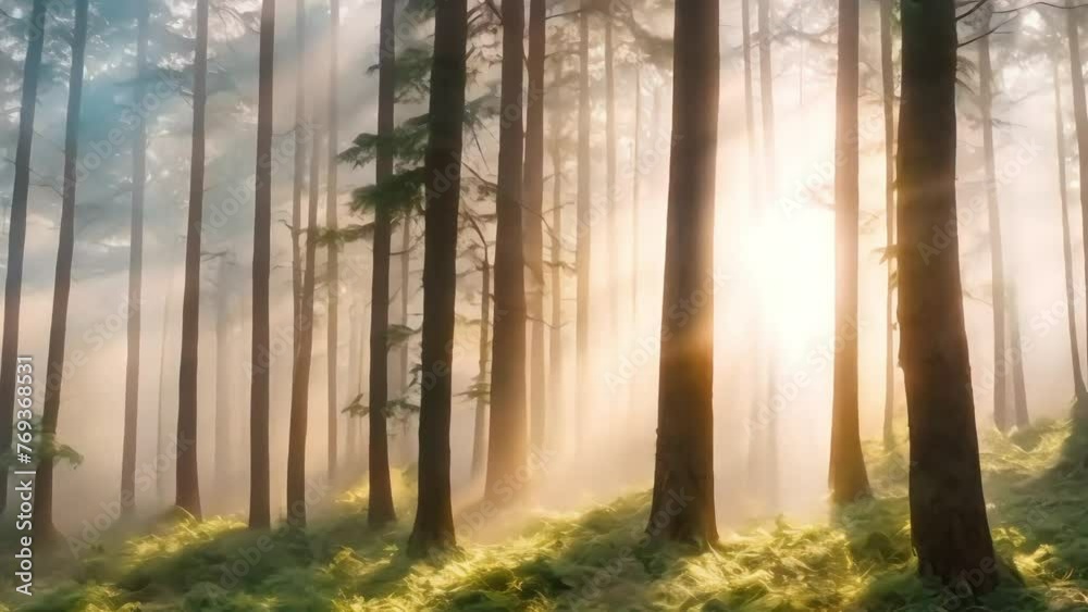 Beautiful magical sunrise in the forest, The sun's rays break through the trees in the fog, The mystical nature of the rainforest, footage, 4k footage, videos Beautiful magical sunrise in the forest, The sun's rays break through the trees in the fog, The mystical nature of the rainforest, footage, 4k footage, videos