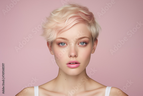 Studio portrait of beautiful fashion blonde woman with white short hair