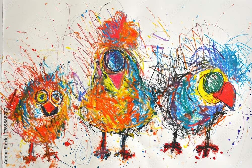 The hand drawing colourful picture of the group of the various type of chicken that has been drawn by the colored pencil or crayon on the white background that seem to be drawn by the child. AIGX01.