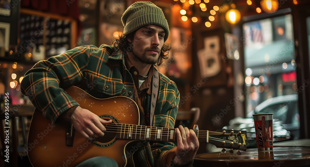 A Cheerful musician strums a guitar with passion and skill in a lively pub atmosphere. The spirit of live music and entertainment. Generative AI. A Cheerful musician strums a guitar with passion and skill in a lively pub atmosphere. The spirit of live music and entertainment. Generative AI.