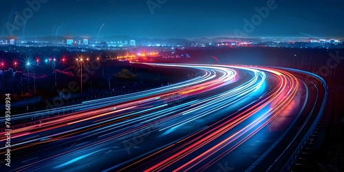 Abstract and Dynamic Visual Effect of Blurred Car Lights on a Busy Urban Highway at Night. Concept Night Photography, Urban Landscape, Light Trails, Abstract Art, Motion Blur