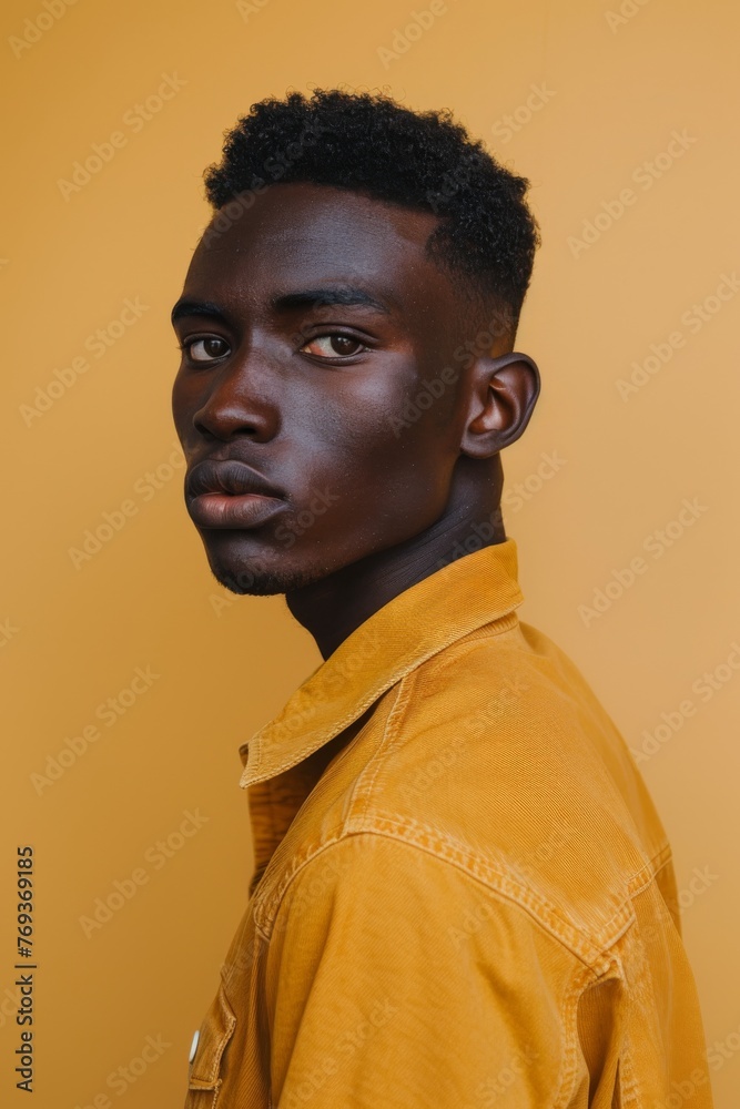 Obraz premium Confident young man with a serious expression against a yellow background