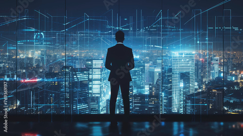 Businessman overlooking city with data analysis - Silhouette of a businessman against a cityscape with transparent data analysis charts, highlighting strategic planning and analysis