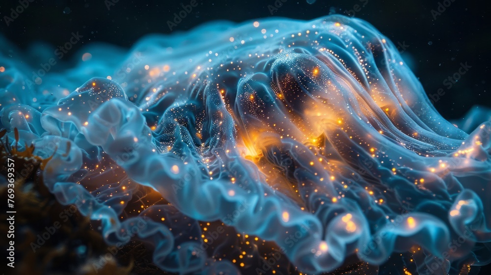 a close up of a jellyfish with lights coming out of it - obrazy, fototapety, plakaty 
