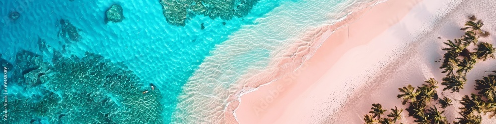 Overhead view of a sandy beach meeting blue water, forming a tranquil coastline, background, wallpaper