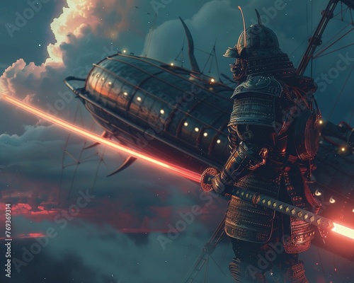 Excalibur wielded by a samurai aboard an airship night sky overhead time stands still hyper realistic photo