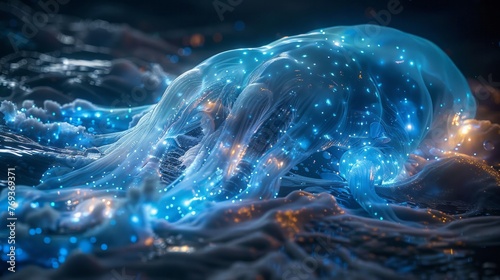 Electric blue jellyfish illuminating the dark underwater world of the ocean