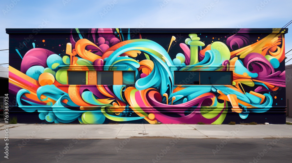 A street art mural adorned with vibrant graffiti-style lettering and dynamic abstract shapes, serving as a colorful beacon of creativity amidst the concrete jungle of the city.