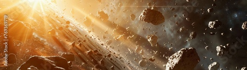 asteroids, golden hour, wide angle, dynamic clarity, vivid adventure , high resolution