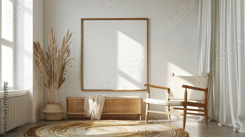 Mockup of blank frame in minimalistic warmcore interior, wooden soft colors furniture and window, pampas grass in vase, scandi danish design, AI generated photo