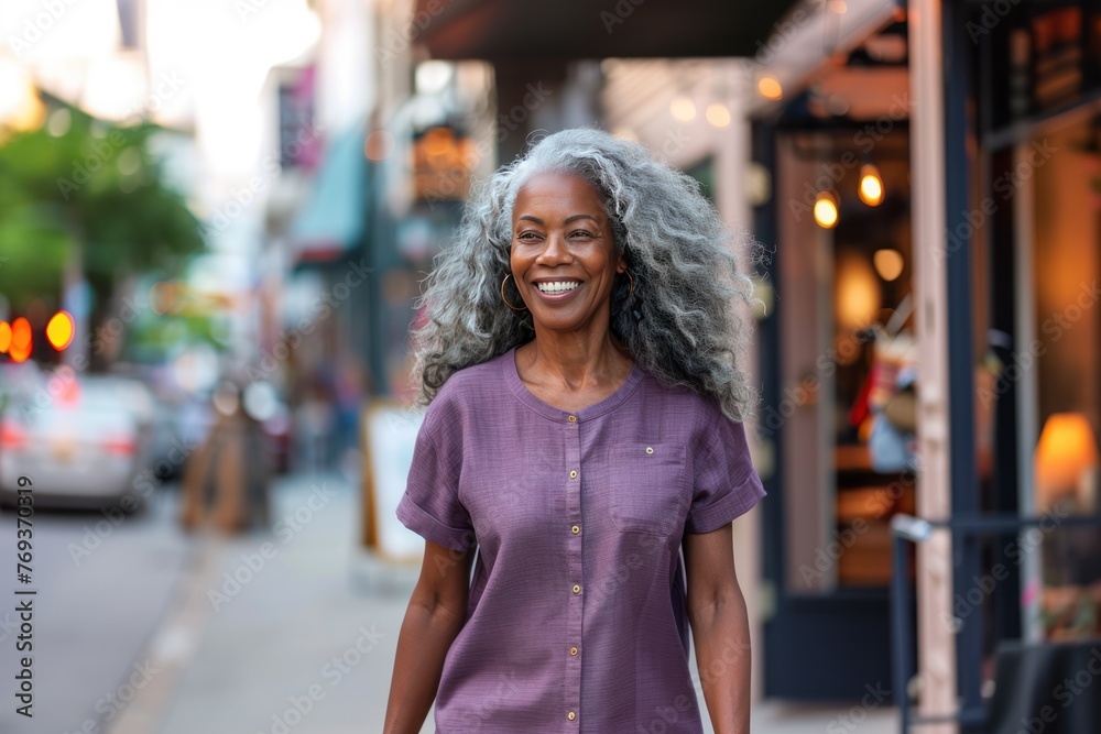 Senior black woman in casual modern clothes portrait, city street blurred background, happy smiling active African American elderly lady walking in city center, AI generative Senior black woman in casual modern clothes portrait, city street blurred background, happy smiling active African American elderly lady walking in city center, AI generative
