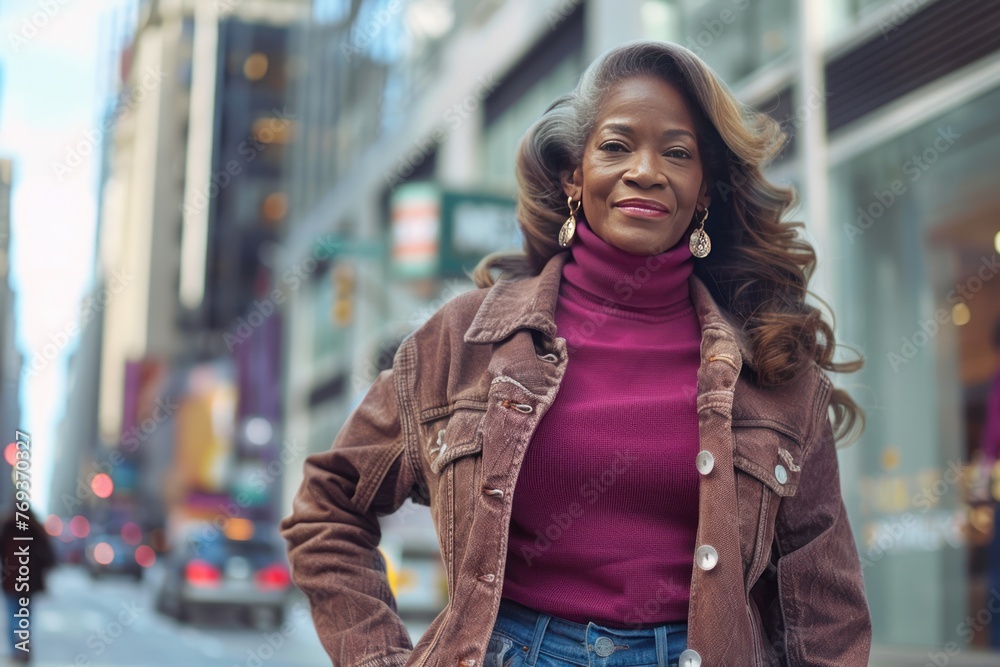 Senior black woman in casual modern clothes portrait, city street blurred background, happy smiling active African American elderly lady walking in city center, AI generative Senior black woman in casual modern clothes portrait, city street blurred background, happy smiling active African American elderly lady walking in city center, AI generative