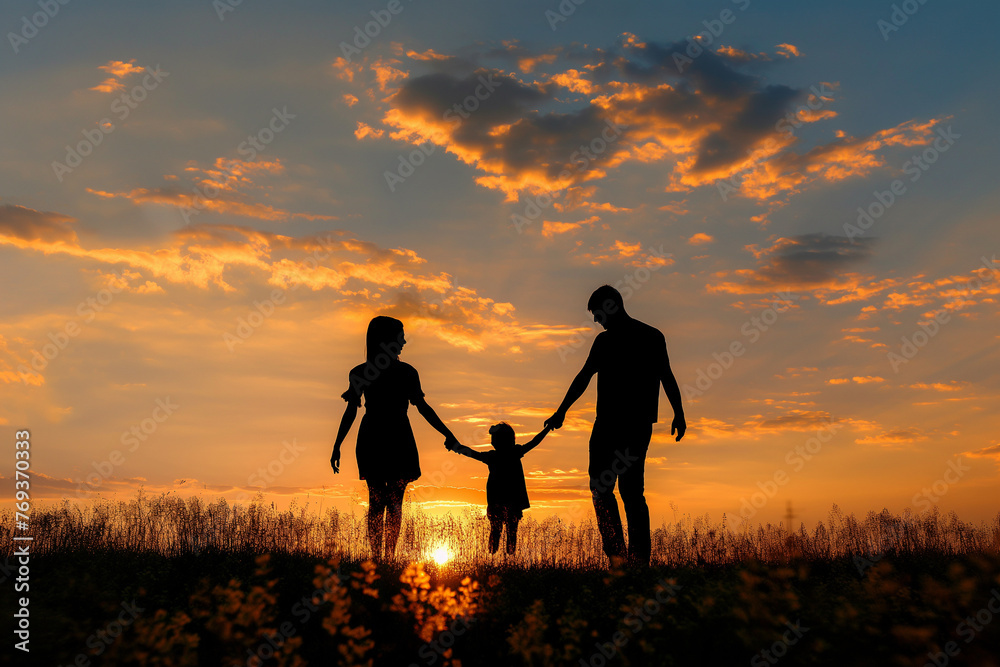 Photo of happy family silhouette include a woman, a man and a child