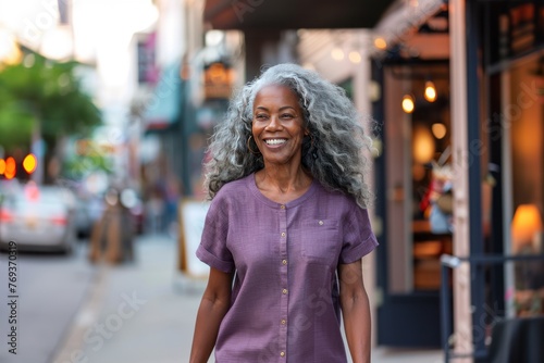 Senior black woman in casual modern clothes portrait, city street blurred background, happy smiling active African American elderly lady walking in city center, AI generative