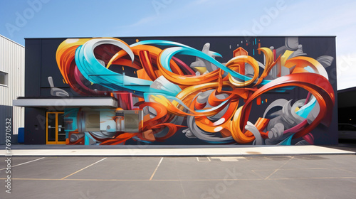 A street art mural alive with movement and expression, featuring bold graffiti-style lettering and dynamic abstract forms that invite viewers to explore and engage with their surroundings.