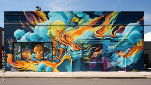 A street art mural alive with movement and expression, featuring bold graffiti-style lettering and dynamic abstract forms that invite viewers to explore and engage with their surroundings. photo