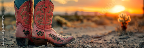 Pink Leather Ornate Cowgirl Boots with a Desert,
Cowboy boots with a pink design photo