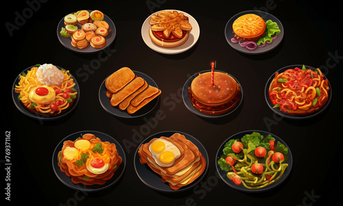 Drawing of a collection of European snacks and breakfasts. photo