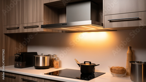 Modern kitchen interior with induction hob extractor fan and various kitchenware on the countertop