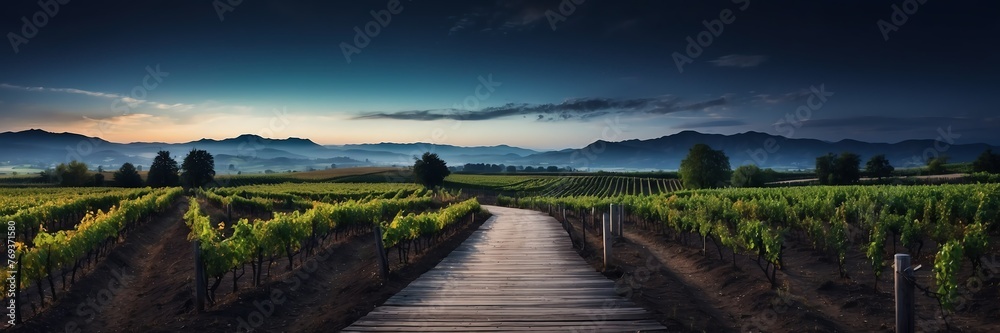 Beautiful panoramic night vineyard landscape with wooden path nature banner poster background backdrop from Generative AI