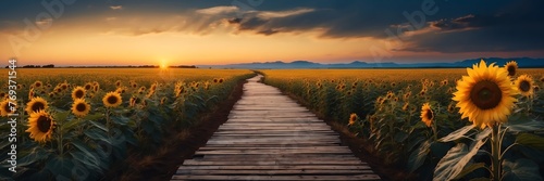 Beautiful panoramic night sunflower field landscape with wooden path nature banner poster background backdrop from Generative AI
