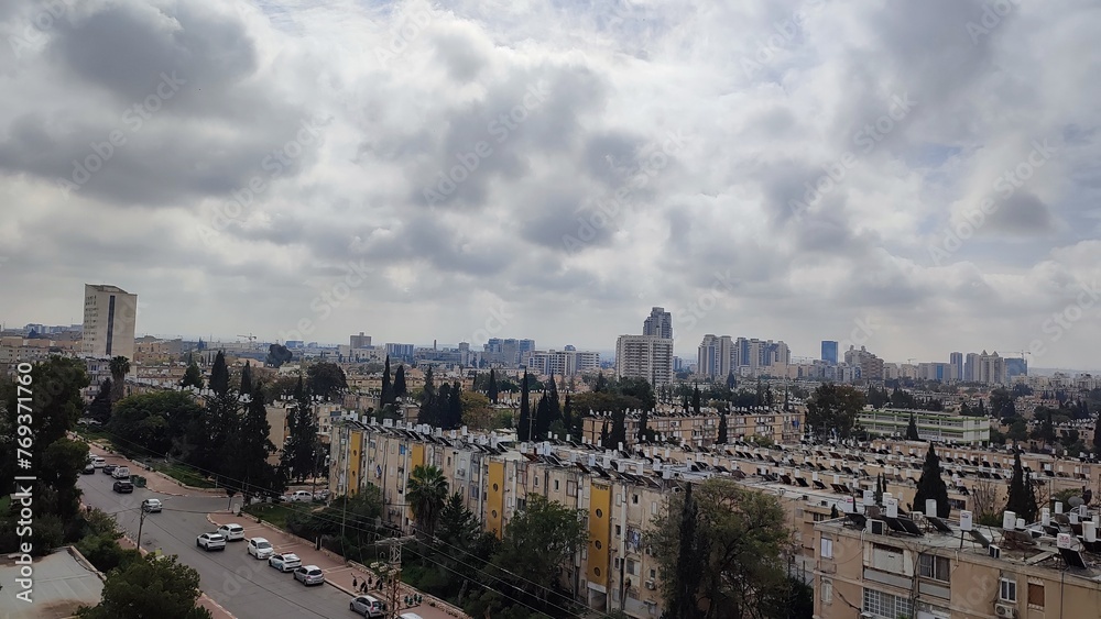 Fototapeta premium City top view, blue gray light sky nature white clouds whether background