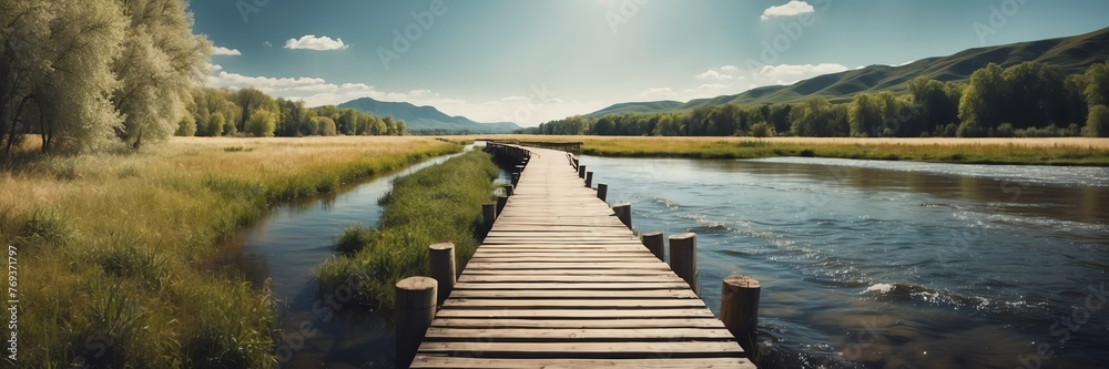 Beautiful panoramic sunny river landscape with wooden path nature banner poster background backdrop from Generative AI