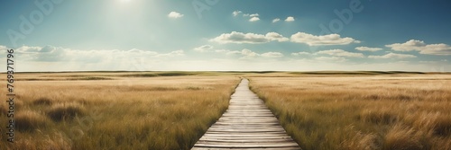 Beautiful panoramic sunny prairie grass lands landscape with wooden path nature banner poster background backdrop from Generative AI